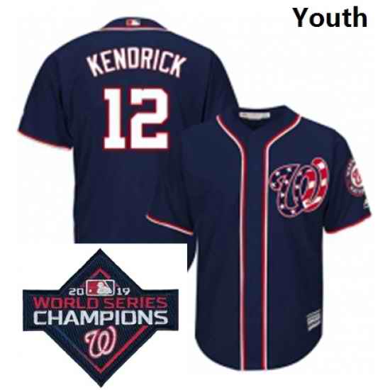 Youth Majestic Washington Nationals 12 Howie Kendrick Navy Blue Alternate 2 Cool Base MLB Stitched 2019 World Series Champions Patch Jersey